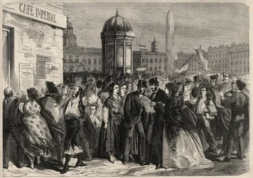 Revolusjon i september 1868 i Spania (Gloriosa): lesing av manifestet til juntaen, i gaten til Alcala i Madrid. Gravering i "" L