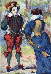 Riquet a la Houppe becomes a handsome gentleman. Anonymous illustration for “” Riquet a la houppe””, tale by Charles Perrault (1628-1703), French writer. Imagery Marcel Vagne, Jarville Nancy, undated (late 19th century).
