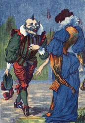 Riquet presents himself to the princess again. Illustration for “Riquet a la houppe””, tale by Charles Perrault (1628-1703), French writer. Anonymous illustration. Imagery Marcel Vagne, Jarville Nancy, undated (late 19th century).