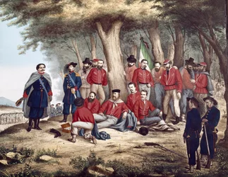Risorgimento: "den italienske patrioten Giuseppe Garibaldi (1807-1882) sår i Aspromonte, den 29/08/1862 blir fraktet av soldater" (maleri)