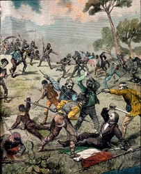 Risorgimento: "" den italienske revolusjonæren Carlo Pisacane (1818-1857) blir stormet av bønder i Sapri 28.06.1857"" Gravering Privat samling