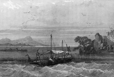 Robert Cavelier de La Salle (1643-1687) ankommer munningen av Mississippi, april 1675. i "General History of the Navy" av Van Tenac