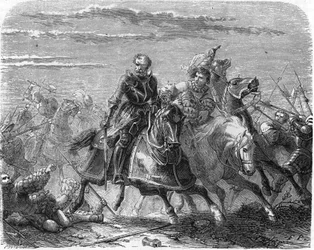 Robert av Mark of Landsknechts, tar bort sønnens kropp fra sveitserne. Gravering av 1800-tallet.