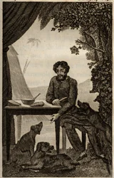 Robinson Crusoes hunder venter på at han skal kaste noen biter å spise, gravering satt inn i Daniel Defoes "Les aventures de Robinson Crusoe" (1660-1731), edition la librairie d'education, Paris 1838. Selvas samling.