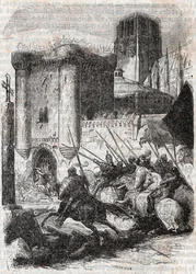 Rodomont bryter dørene til Palais i Paris - gravering av 1851 fra "" Roland furieux"" (Orlando furioso) (1500-tallet) av Ludovico Ariosto, kjent som Arioste - utgave oversatt fra italiensk av greven av Tressan og utgitt av Gustave Harv
