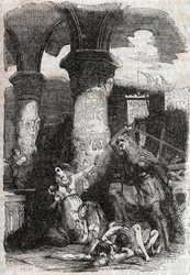 Rodomont massacre les habitatnts de Paris - gravering av 1851 fra "" Roland furieux"" (Orlando furioso) (1500-tallet) av Ludovico Ariosto, kjent som Arioste - utgave oversatt fra italiensk av greven av Tressan og utgitt av Gustave Harvard 185