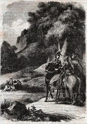 Roger (Ruggero, Ruggiero), Marphise (Marfisa) og de tre kvinnene - gravering fra 1851 fra "" Roland furieux"" (Orlando furioso) (1500-tallet) av Ludovico Ariosto, kalt Ariosto - Utgave oversatt fra italiensk av greven av Tressan og utgitt av