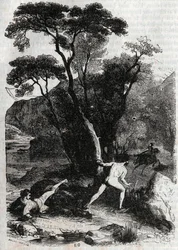 Roland forfølger Angelique (Angelica) - gravering av 1851 fra "" Furious Roland"" (Orlando furioso) (1500-tallet) av Ludovico Ariosto, kjent som Ariosto - utgave oversatt fra italiensk av greven av Tressan og utgitt av Gustave Harvard 1851