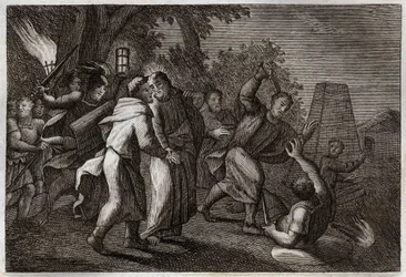 Royaumontbibelen, Det nye testamentet: Arrestasjonen av Jesus Kristus eller Judaskysset. Soldatene kommer for å arrestere Kristus i Getsemanehagen. Sankt Peter hogger øret av en av dem. Illustrasjon fra 1811.