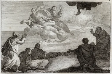 Royaumont Bibelen, Det nye testamente: Jesu Kristi himmelfart. Kristus blir tatt fra himmelen og velsignet apoterne før han forsvinner i en sky. Illustrasjon fra 1811.