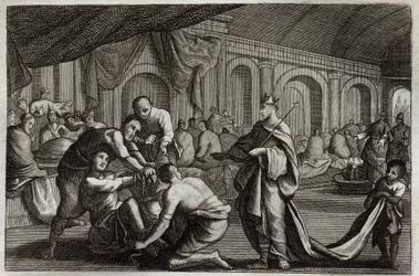 Royaumont Bibelen, Det nye testamente: Brudekjole. Lignelse om en konge som foretok bryllupet til sin sønn, hvorfra han avviste en mann som ikke hadde brudekjolen. Illustrasjon fra 1811.