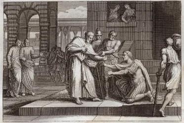 Royaumont Bible, New Testament: Cornelius baptizes. Crow the centurion receives the faith of Jesus Christ, and is baptized by St. Peter. Illustration from 1811.
