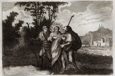 Royaumont Bibelen, Det nye testamente: Emmaus disipler. De to disiplene til Emmaus) møter den oppstandne Kristus. Illustrasjon fra 1811.