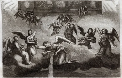 Royaumont Bible, New Testament: Dragon of Revelation. Seven Angels pour out the contents of their cup, symbol of God