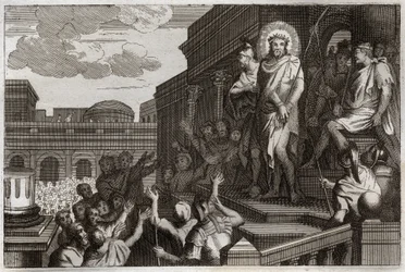 Royaumont Bibelen, Det nye testamente: Ecce homo. Pontius Pilatus (Pontius Pilatus) presenterer Jesus Kristus med torner for mengden og sier: "Her er mannen". Illustrasjon fra 1811.