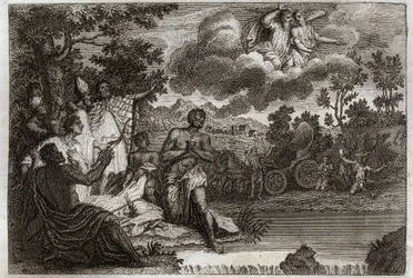 Royaumont Bibelen, Det nye testamente: Eunuk døper. Saint Philip Deacon kunngjør tro til en evnukk av dronningen av Etiopia og døper ham. Illustrasjon fra 1811.