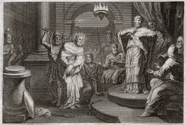 Royaumont Bibelen, Det nye testamente: Jesus Kristus før Caiphus og Anan (Hanan eller Anne eller Hanne). Illustrasjon fra 1811.