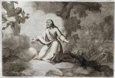 Royaumont Bibelen, Det nye testamente: Jesus Kristus i hagen (bønn på Oljeberget). En engel som holder en kalk viser seg for Jesus. Apoterne til St. Peter, St. John og St. James sover. Illustrasjon fra 1811.