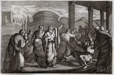 Royaumont Bible, New Testament: Lame gueri. Saint Paul warriors a lame and arrests a people who wanted to sacrifice to him like a God. Illustration from 1811.