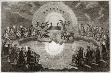 Royaumont Bible, New Testament: Open Heaven. A trone appears surrounded by a lion, an ox, a man and an eagle (tetramorph) and seven lamps. Twenty-four old people sitting on trones surround this vision. Illustration from 1811.