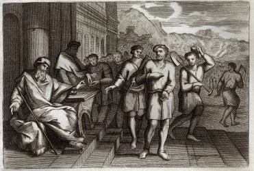 Royaumont Bibelen, Det nye testamente: Lignelse om vinarbeidere eller lignelse om arbeidere i den ellevte time. Arbeidere som familiefaren sender for å jobbe i sin vingård. Illustrasjon fra 1811.