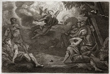 Royaumont Bible, New Testament: Pastors at the Crech. An Angel announces the Birth of Jesus Christ to the Pastors (Annunciation to the Shepherds). Illustration from 1811.