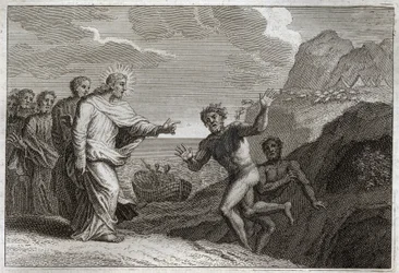 Royaumont Bibelen, Det nye testamente: Possede gueri. Jesus Kristus helbredet en besatt som demonen gjorde rasende. Illustrasjon fra 1811.