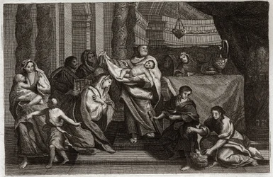 Royaumont Bibelen, Det nye testamente: Rensing av jomfruen eller presentasjon i tempelet. Den hellige familie tilbyr Jesus Kristus til tempelet og gir det til Symeon (eller Simeon eller Simon). En kvinne holder to duer i en kurv. Illustrasjon fra 1811.