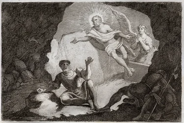 Royaumont Bibelen, Det nye testamente: Oppstandelse. Jesus Kristus reiser seg fra graven sin under ærefrykt for de romerske soldatene som hadde sovnet. Illustrasjon fra 1811 (gravering)