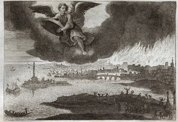 Royaumont Bible, New Testament: Ruin of Babylon. Babylon on fire, an angel throws a stone at the sea, symbolizing the destruction of this city during the Revelation. Illustration from 1811.