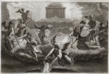 Royaumont Bibelen, Det nye testamente: Syv engler blåser i Åpenbaringens trompeter etter åpningen av det syvende segl i boken av Lammet. En annen engel tar et røkelseskar, fyller det med alterets ild og kaster det på jorden. Illustrasjon fra