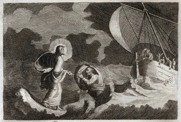 Royaumont Bibelen, Det nye testamente: St. Peter går på vannet. Jesus Kristus går på havet, og får Sankt Peter til å gå der. Illustrasjon fra 1811.