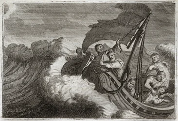 Royaumont Bibelen, Det nye testamente: Tempete bleknet. Apoterne blir overrasket av en storm vekket Jesus Kristus som sov i skipet deres, og han roer også ned Genesaretsjøen. Illustrasjon fra 1811.