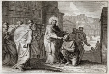 Royaumont Bible, New Testament: The Blind does. Jesus Christ miraculously warriors the Blind does. Illustration from 1811.