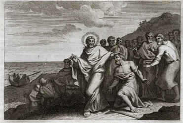 Royaumont Bible, New Testament: The Lepreux and the Centenier. A lepreu prays Jesus Christ to heal him with his leprosy, and a Cententer sends him to pray to heal his sick servant. Illustration from 1811.