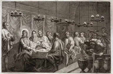 Royaumont Bibelen, Det nye testamente: Bryllupet i Kana. Jesu Kristi første mirakel som forandret vann til vin. Illustrasjon fra 1811.