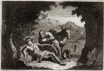 Royaumont Bibelen, Det nye testamente: Lignelsen om den barmhjertige samaritan. Samaritanen stoppet på vei for å redde mannen i nød. Illustrasjon fra 1811.