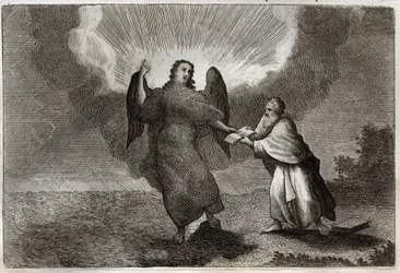 Royaumont Bible, New Testament: Vision of Saint John. Vision of the Angel with an Open Book gives Saint John to devour him. Illustration from 1811.