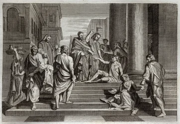 Royaumont Bible, New Testament: War of the lame. Saint Peter, accompanied by Saint John, miraculously warried a lame man in Jerusalem. Illustration from 1811.