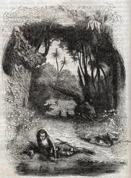 Ruggiero on the island of Alcina, - 1851 engraving from the poem Orlando furioso (1516) by Ludovico Ariosto, - Edition translated from Italian by the Count of Tressan and published by Gustave Harvard 1851