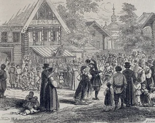 Russland (1800-tallet). Fest i en landsby. 1879 (gravering)
