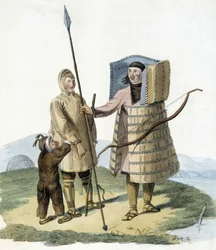 Russisk mann i jaktdress med kone og barn.