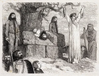 Menneskeoffer av druider - i "Ancient and Modern Brittany"" av Pitre-Chevalier (Pitre Chevalier), redigert av W. Coquebert