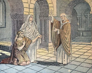 Sankt Augustin av Hippo (354–430) og hans mor, Sainte Monique, vendt mot Sankt Ambrosius (340–397) i Milano, 387 (Sankt Augustin av Hippo med sin mor, Sainte Monica, foran Sankt Ambrosius av Milano, 387) Illustrasjon fra «Le pelerin», 1933, privat samling.