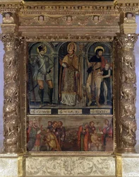 Saint Clair eller Saint Roch Altar: St. Roch and the Button of the Plague og Saint George på vis av Henry III - Church of Our Lady of the Assumption of Rognes