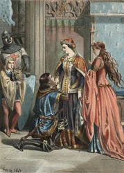 Saint Louis (1214-1270), king of France, and his mother Blanche de Castille (1188-1252). engraving of 1881 in “El Culto de la Hermosura” by Juan Justo Huguet, Molinas Hermanos editores