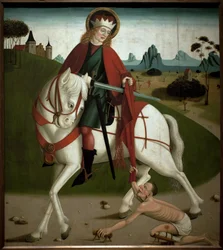 Sankt Martin og tiggeren. Han skar kappen sin i to for å gi den til en tigger. Anonymt maleri, omkring 1490. Magyar Nemzeti Galéria, Budapest, Ungarn.