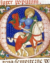 Sankt Martin deler kappen sin med en fattig. Miniatyr fra 1400-tallet. Biblioteca Nazionale Braidense.