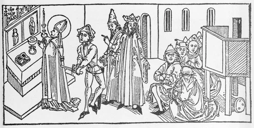Saint Matteus. Gravering fra "Lives of the Saints - Summer part" (The Book of the Saint) av Jacobus (James) av Voragine (1228-1298). Lübeck 1488.