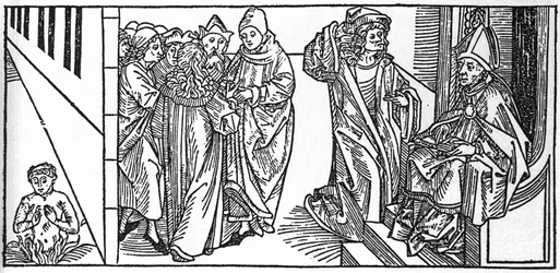 Saint Severin. Gravering fra "Lives of the Saints - Summer part" (The Book of the Saint) av Jacobus (James) av Voragine (1228-1298). Lübeck 1488.
